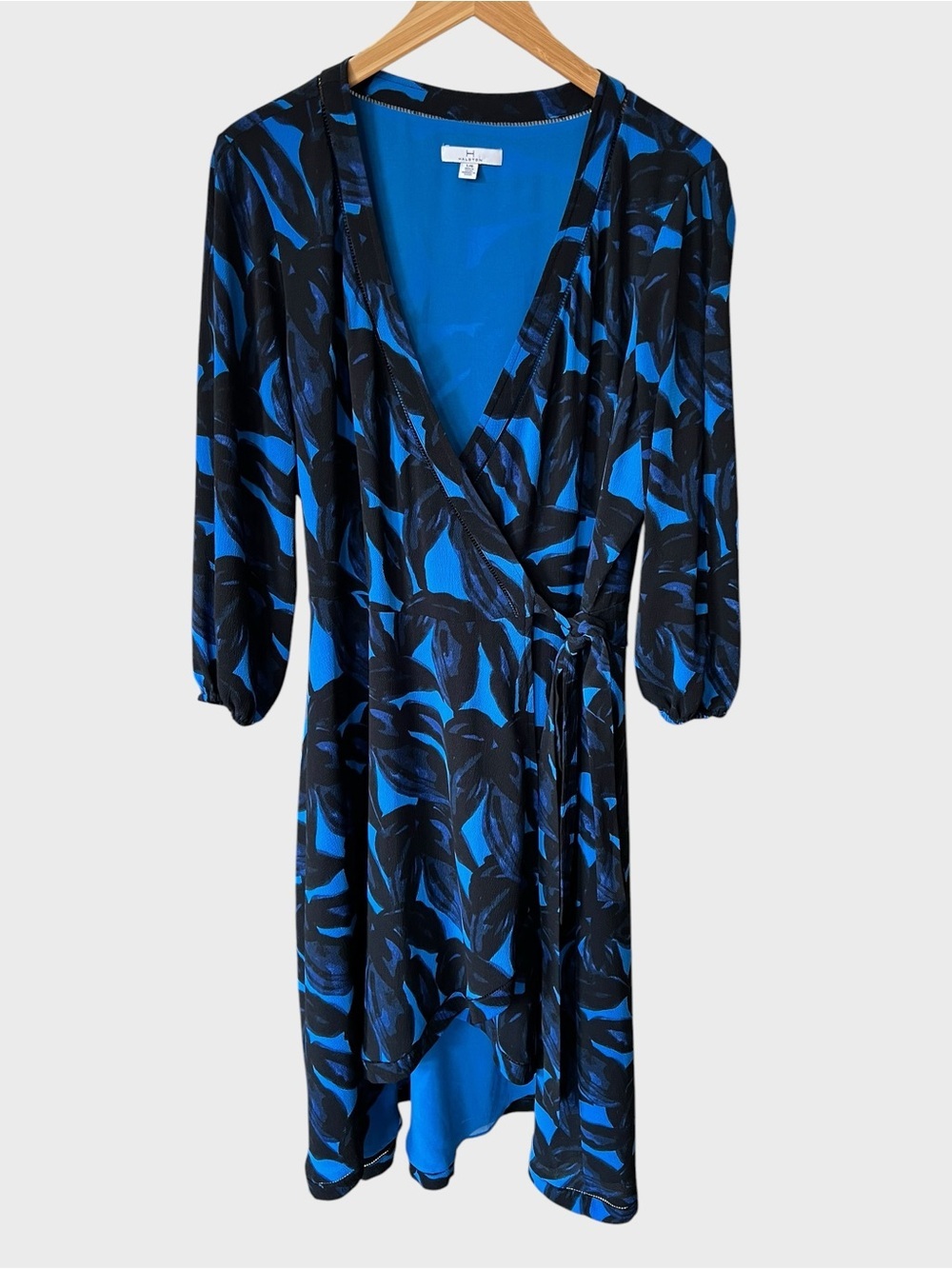 Halston Blue and Black Floral Wrap Dress